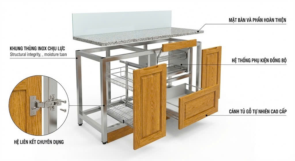 tủ bếp inox cánh gỗ tự nhiên