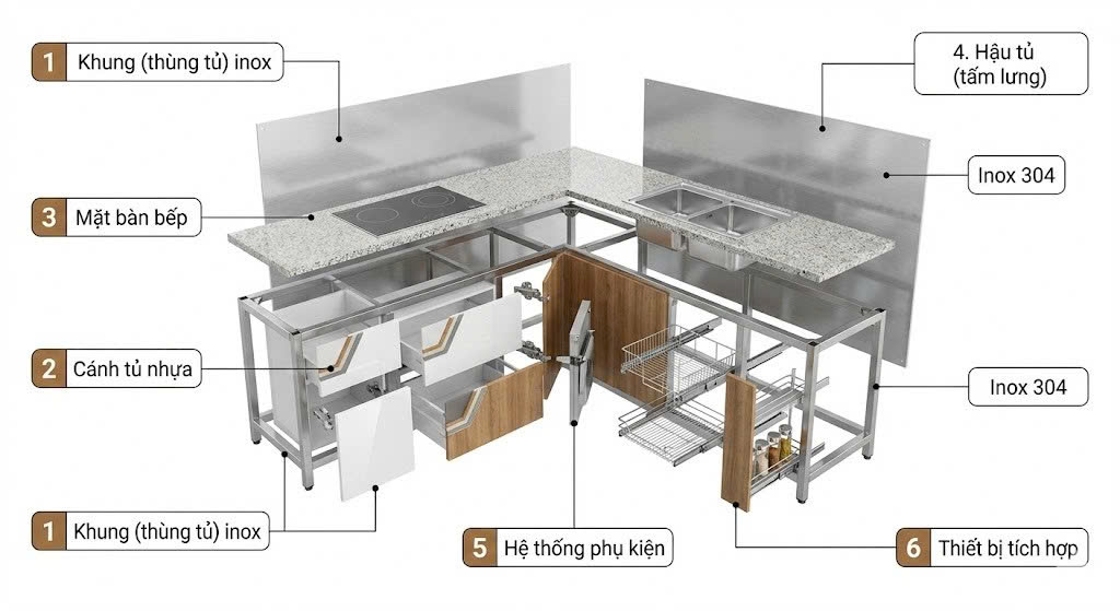 tủ bếp inox cánh nhựa