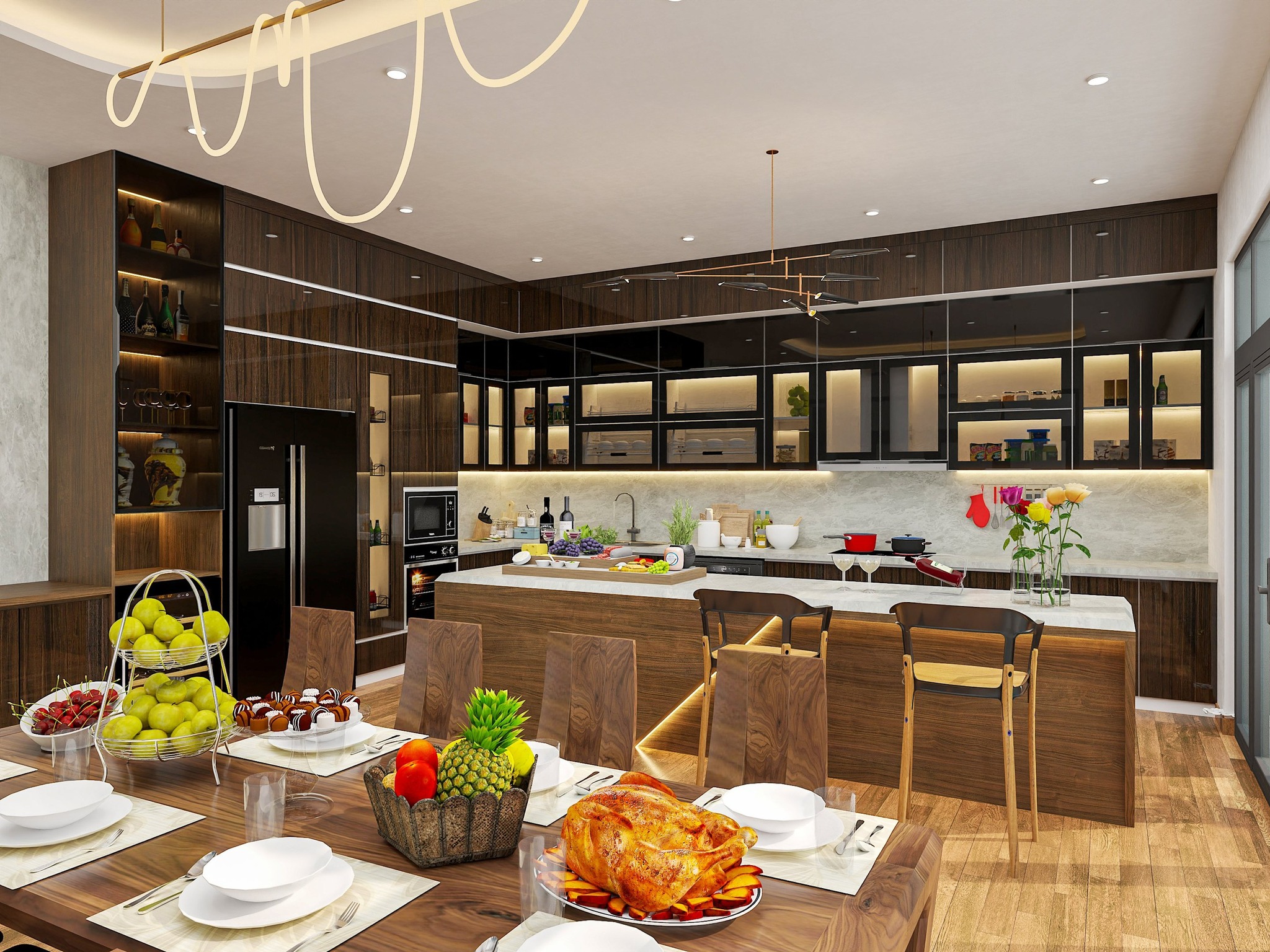 tủ bếp inox cánh gỗ tự nhiên