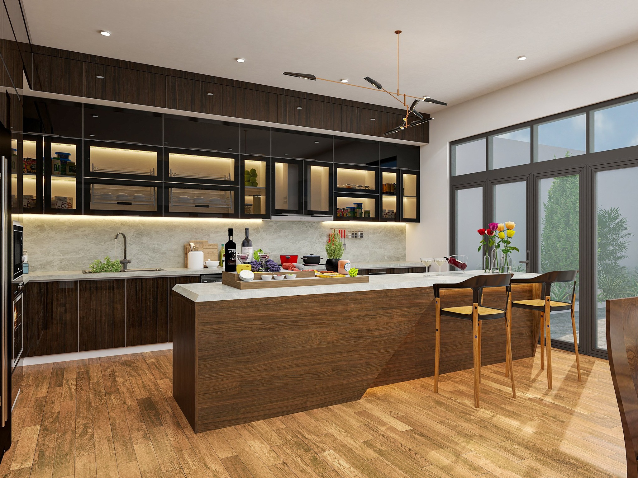 tủ bếp inox cánh gỗ tự nhiên