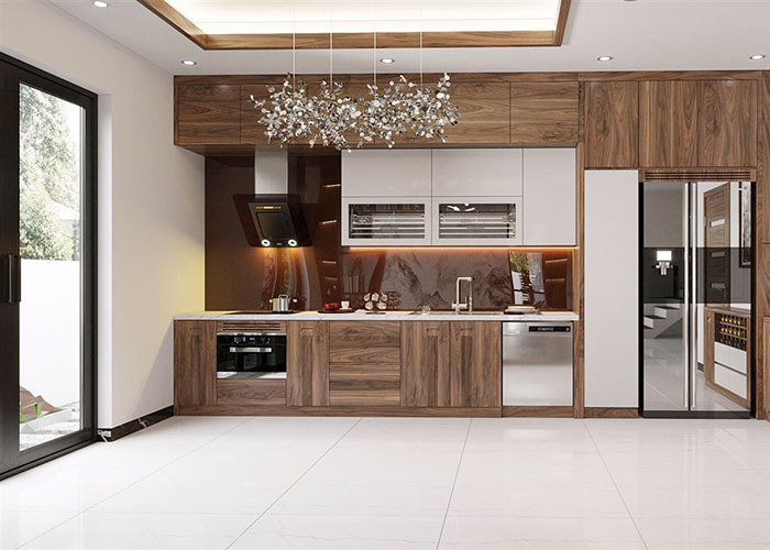 tủ bếp inox cánh gỗ tự nhiên