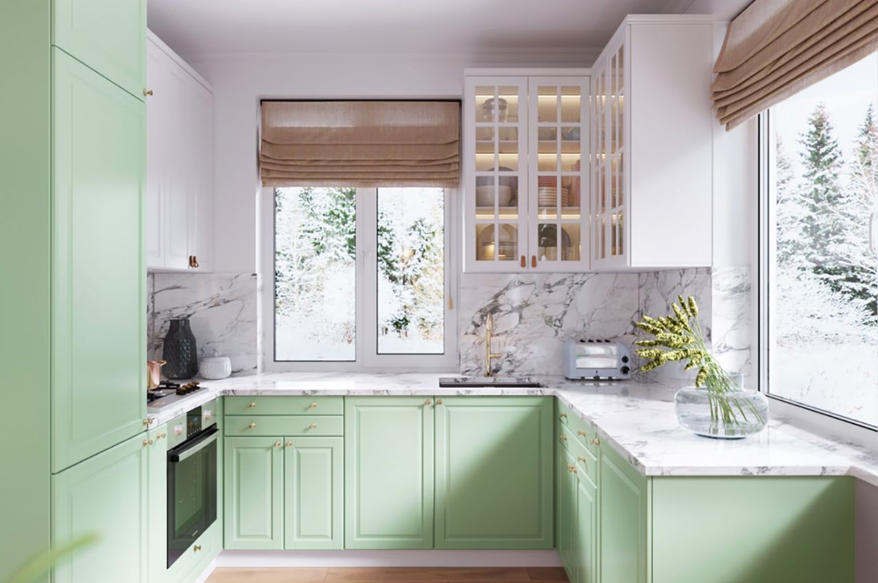 tủ bếp màu xanh