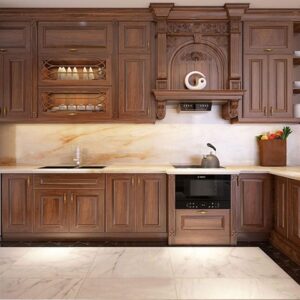 Tủ bếp inox cánh gỗ óc chó