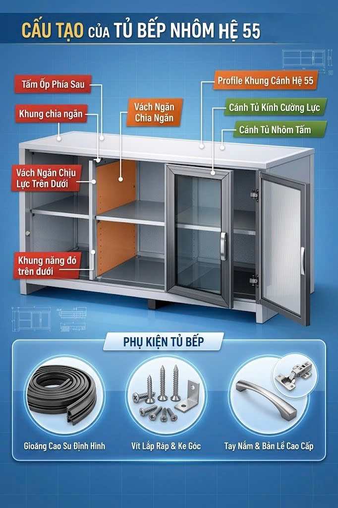 tủ bếp nhôm hệ 55