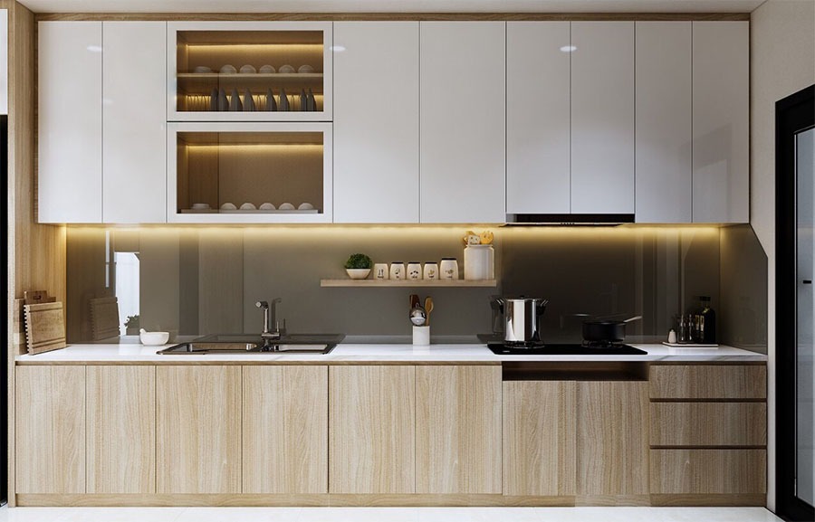 tủ bếp inox cánh acrylic chữ i