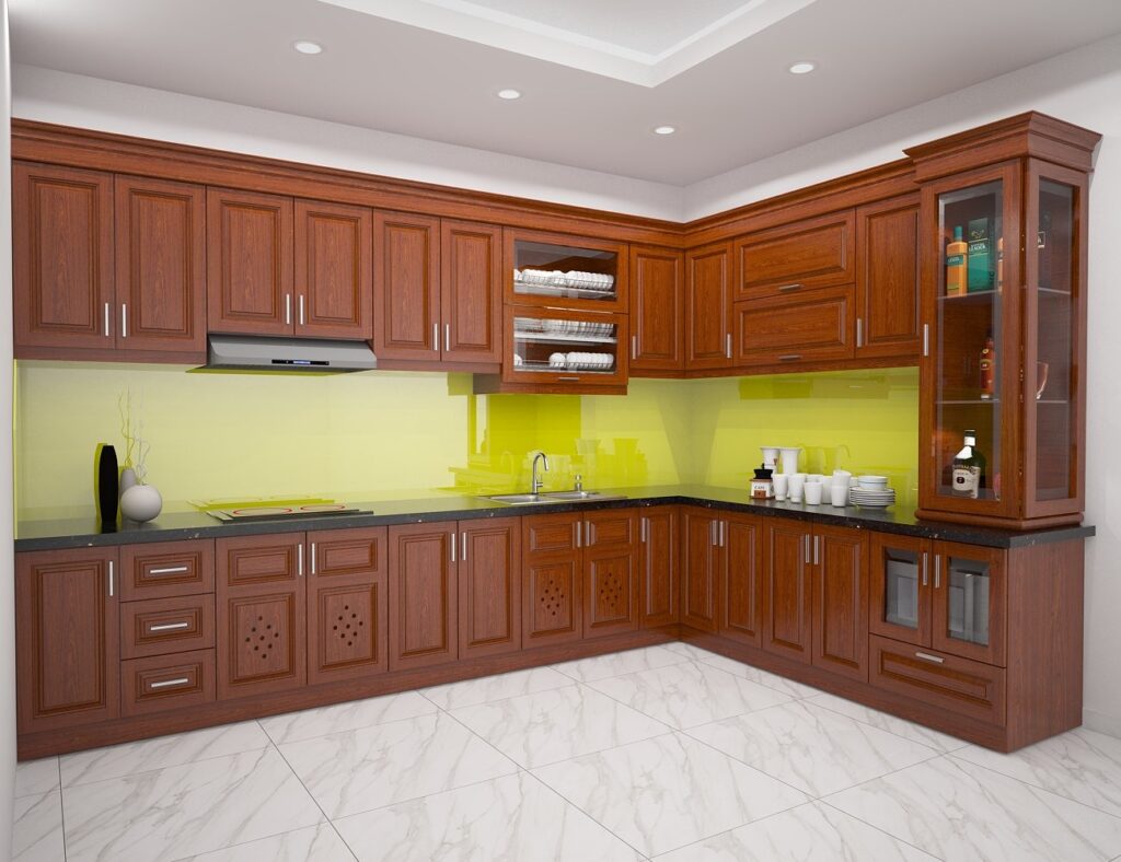 Tủ bếp inox cánh gỗ sồi