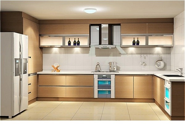 Tủ bếp inox cánh gỗ công nghiệp