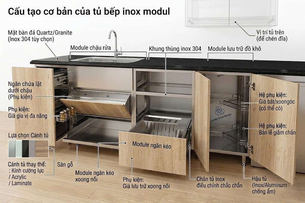 tủ bếp inox modul