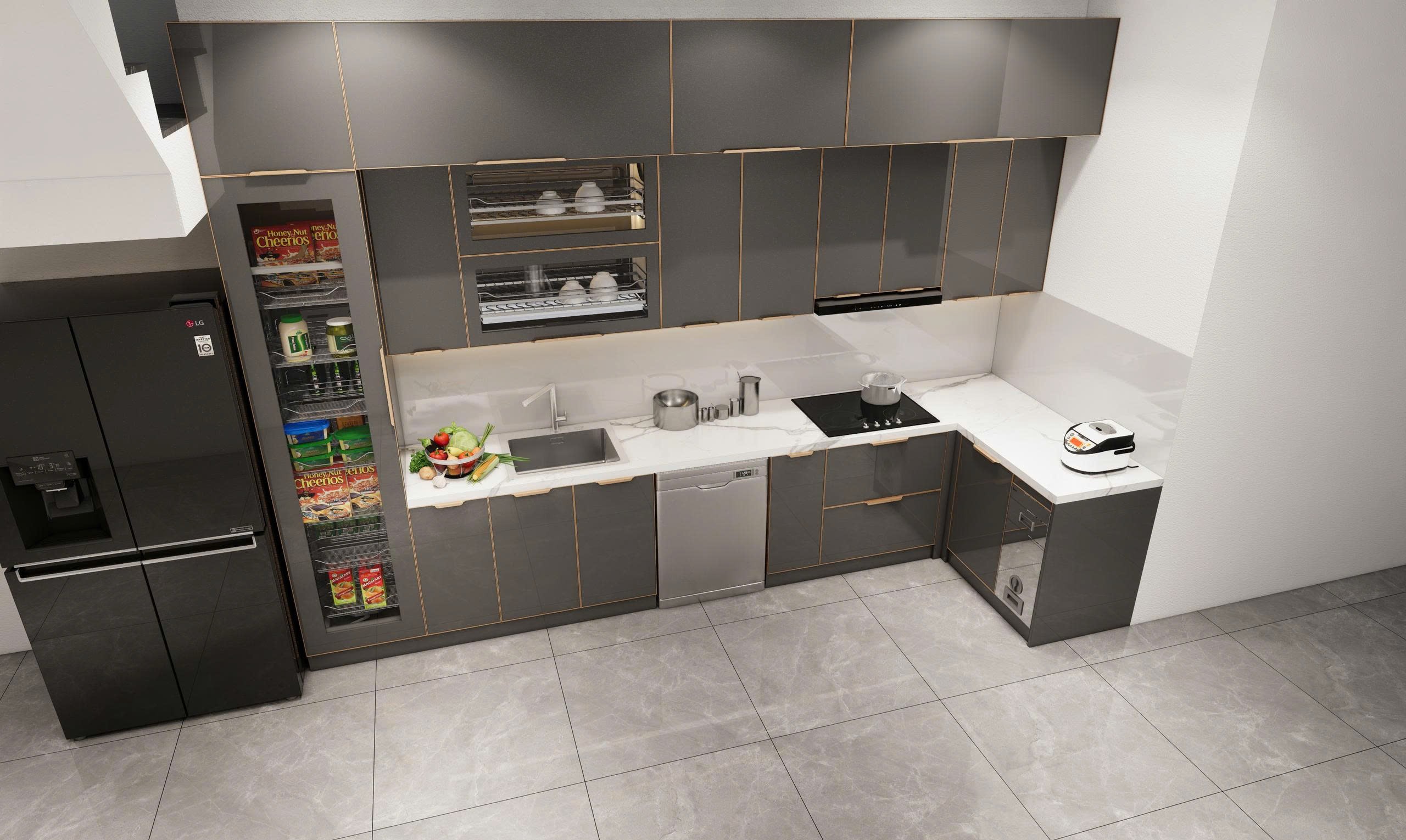 tủ bếp inox cánh kính