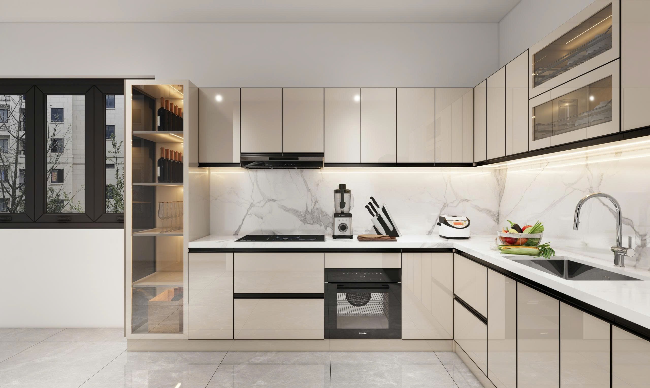 tủ bếp inox cánh kính